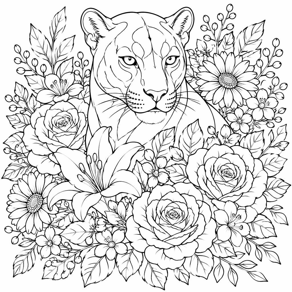 Black-and-white coloring page line art of a detailed flower bouquet in a cute cartoon style with intricate outlines.