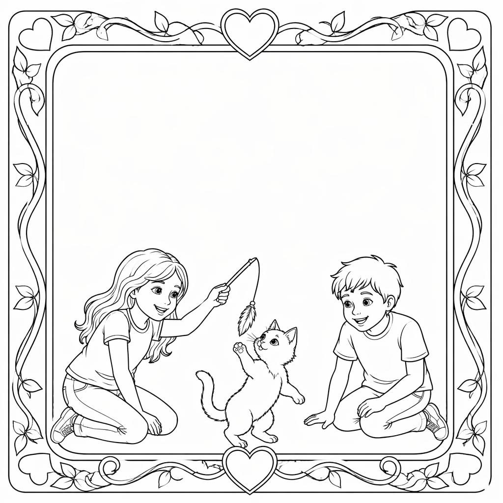 Schwarz-weiße Ausmalbild-Illustration mit spielender Katze und Kindern, klare Konturen auf weißem Hintergrund.