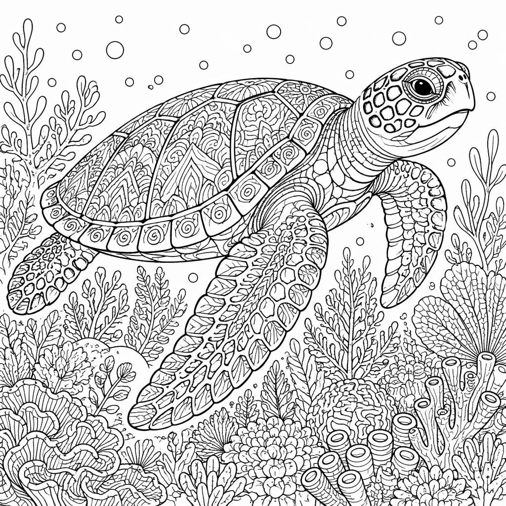 Ilustración para colorear en blanco y negro de una tortuga marina adulta en un arrecife, con detalles zentangle.