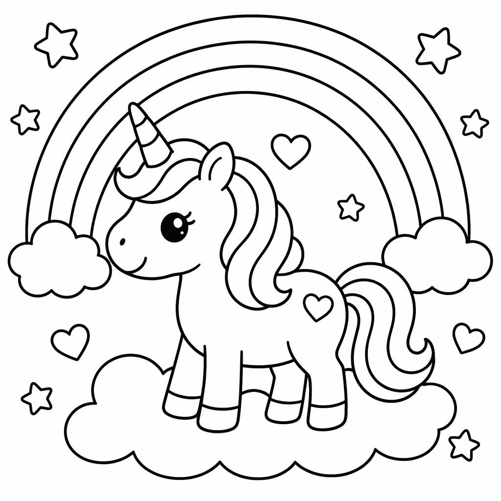 Ilustración en blanco y negro de un unicornio tierno junto a un arcoíris, con contornos simples para colorear.