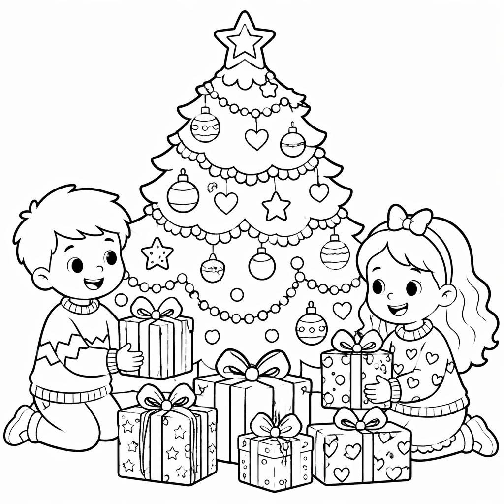 Ilustración para colorear en blanco y negro de un árbol de Navidad con regalos y niños, estilo doodle zentangle.