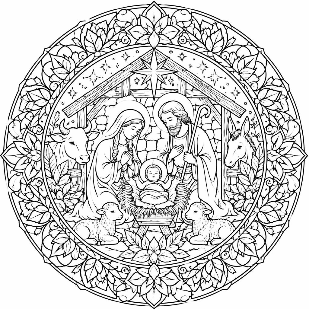 Ilustración para colorear en blanco y negro del nacimiento de Jesús con diseño mandala botánico detallado.