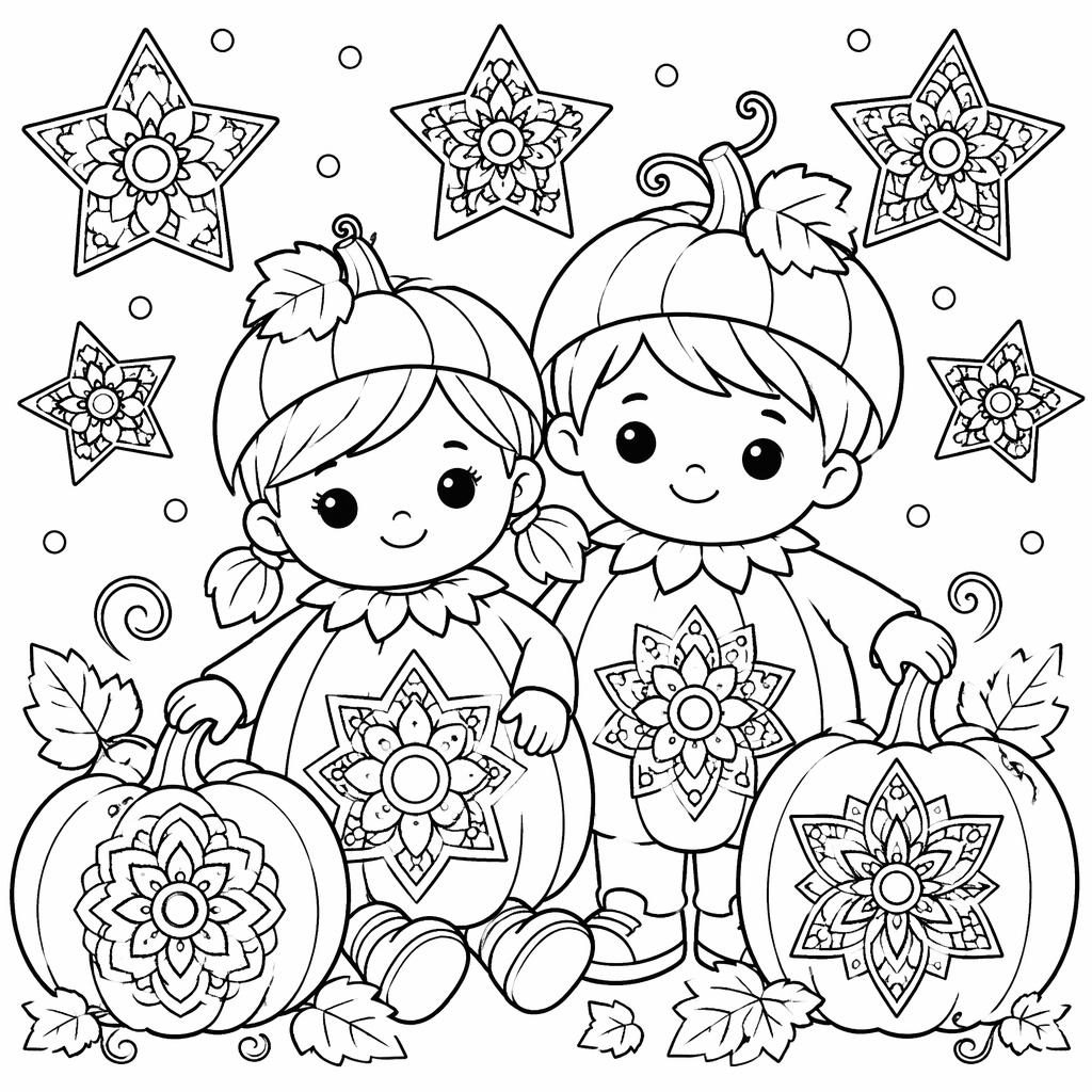 Página para colorear en blanco y negro con niños y una calabaza de Halloween, rodeados de motivos botánicos.