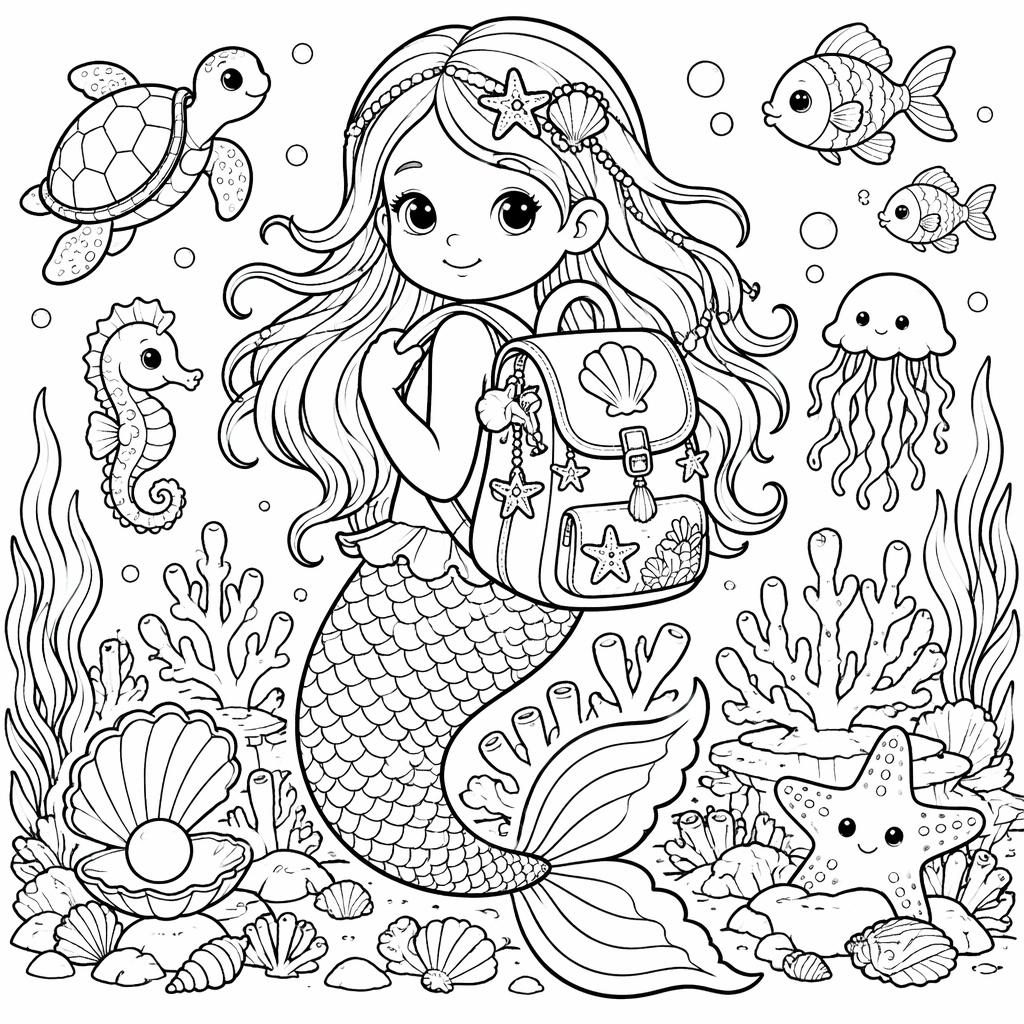 Schwarz-weiße Ausmalbild-Illustration mit niedlicher Meerjungfrau, Kindern und Unterwasser-Elementen als Line-Art.