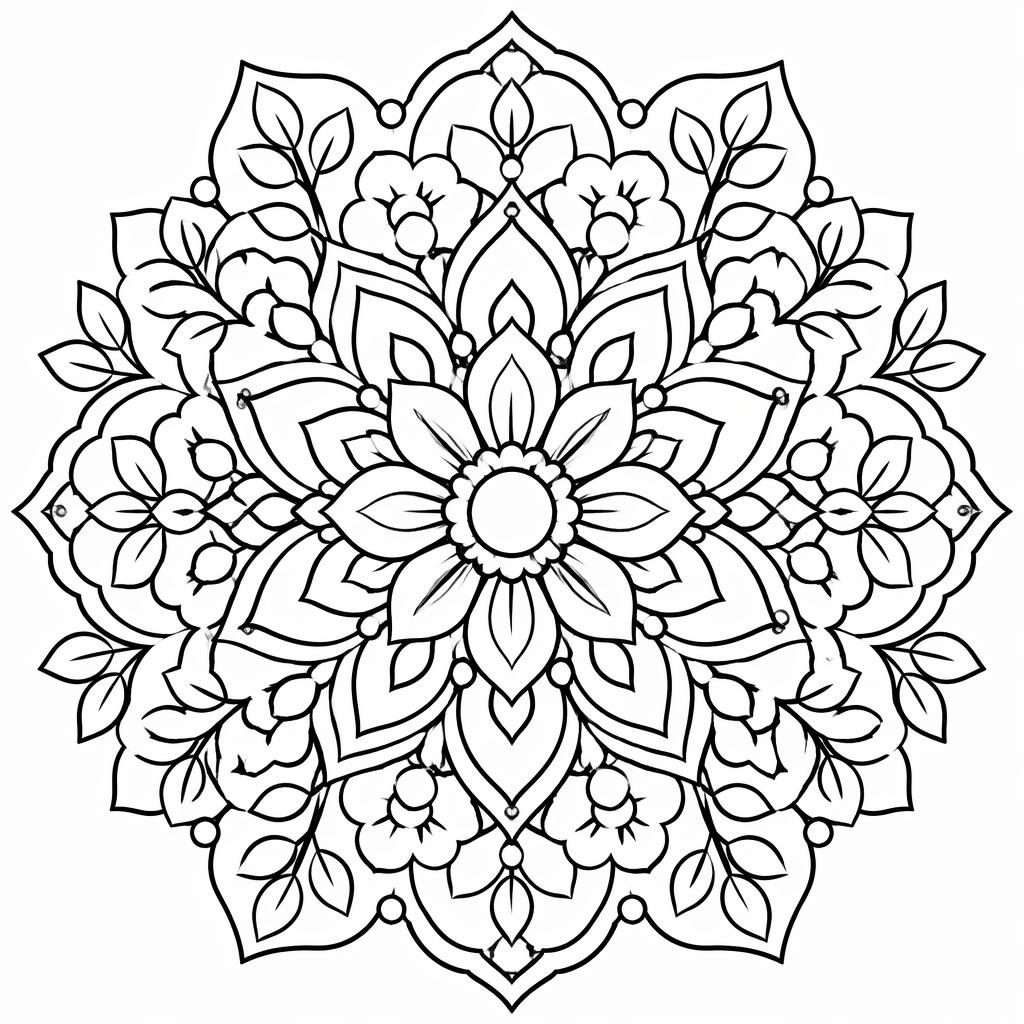 Schwarz-weißes Mandala-Ausmalbild mit dicken Konturen, einfachen botanischen Formen und klaren geschlossenen Flächen.