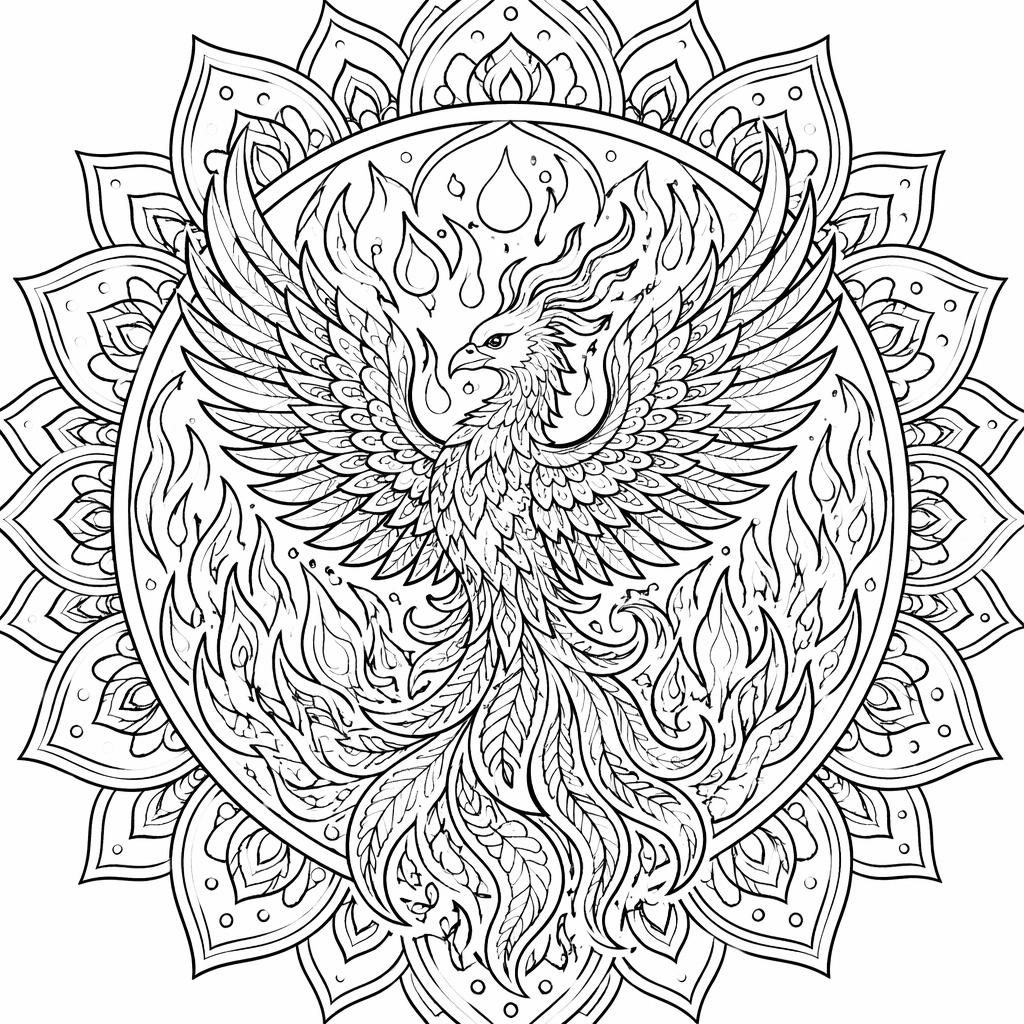 Ilustración para colorear en blanco y negro de un fénix en llamas con detalles intrincados estilo zentangle.