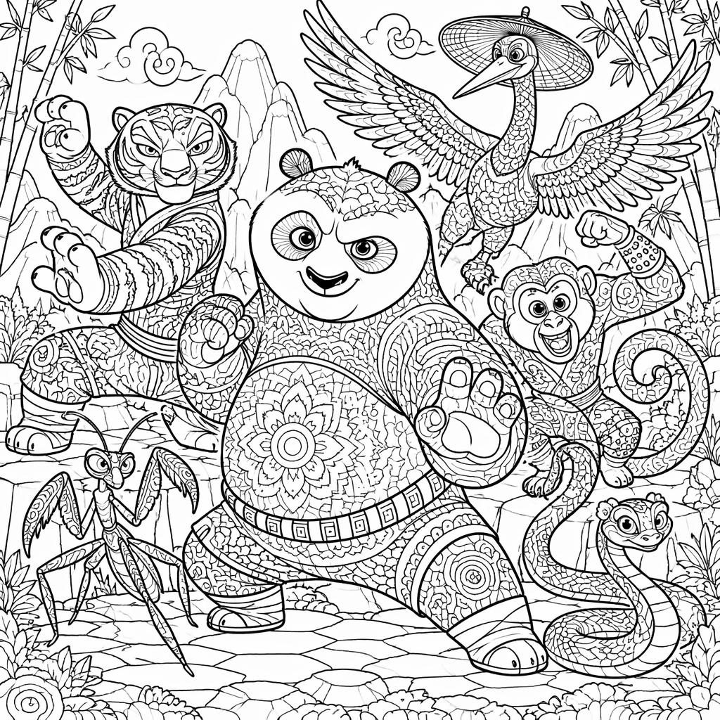 Black-and-white coloring page with cute safari animals in intricate zentangle patterns, clean printable line art.