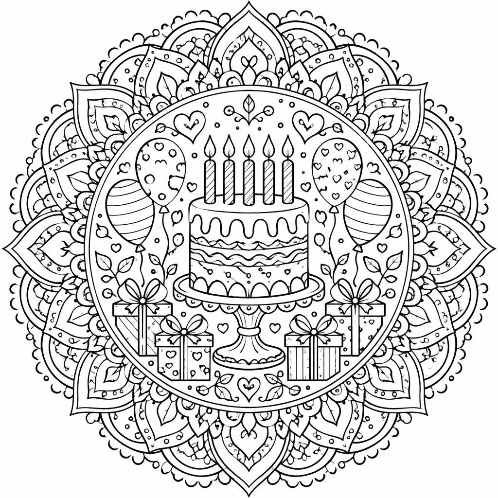 Schwarz-weiße Ausmalbild-Illustration mit filigranem Mandala im niedlichen Cartoon-Stil, sauber als Line-Art