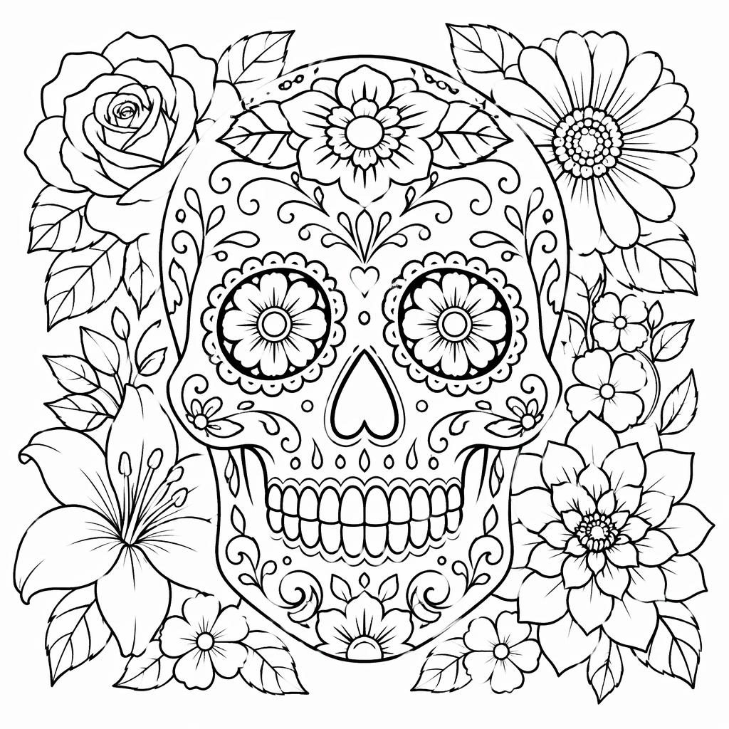 Illustration noir et blanc d’une tête de mort mexicaine ornée de fleurs, en contours nets, style coloriage adulte.