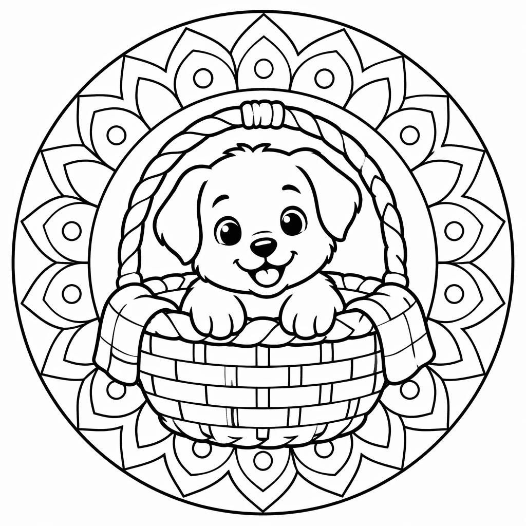 Schwarz-weiße Ausmalseite mit einem Welpen im Korb im kinderfreundlichen Mandala-Linienstil.