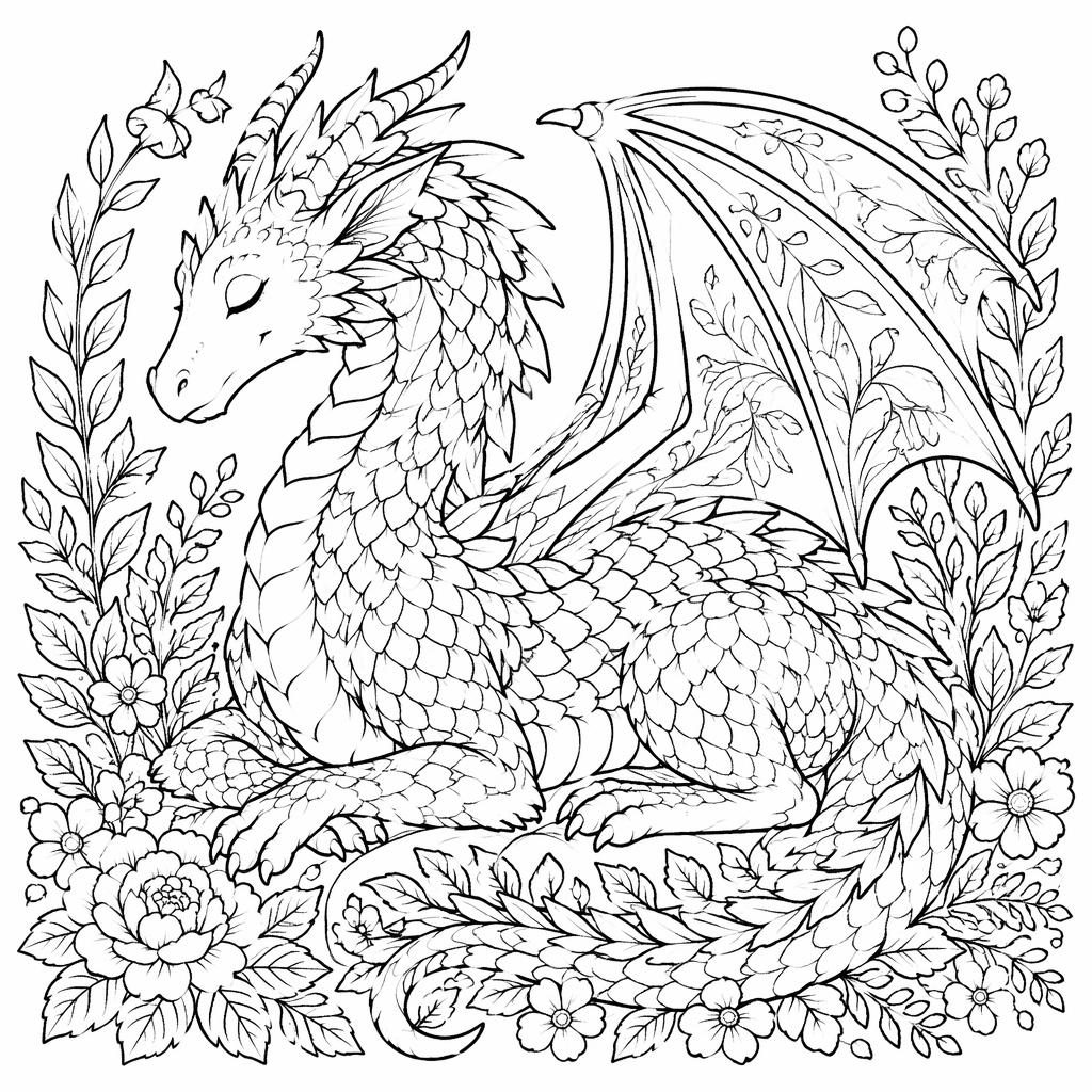 Schwarz-weißes Ausmalbild mit einem freundlichen Fantasy-Drachen im botanischen Line-Art-Stil für Erwachsene.