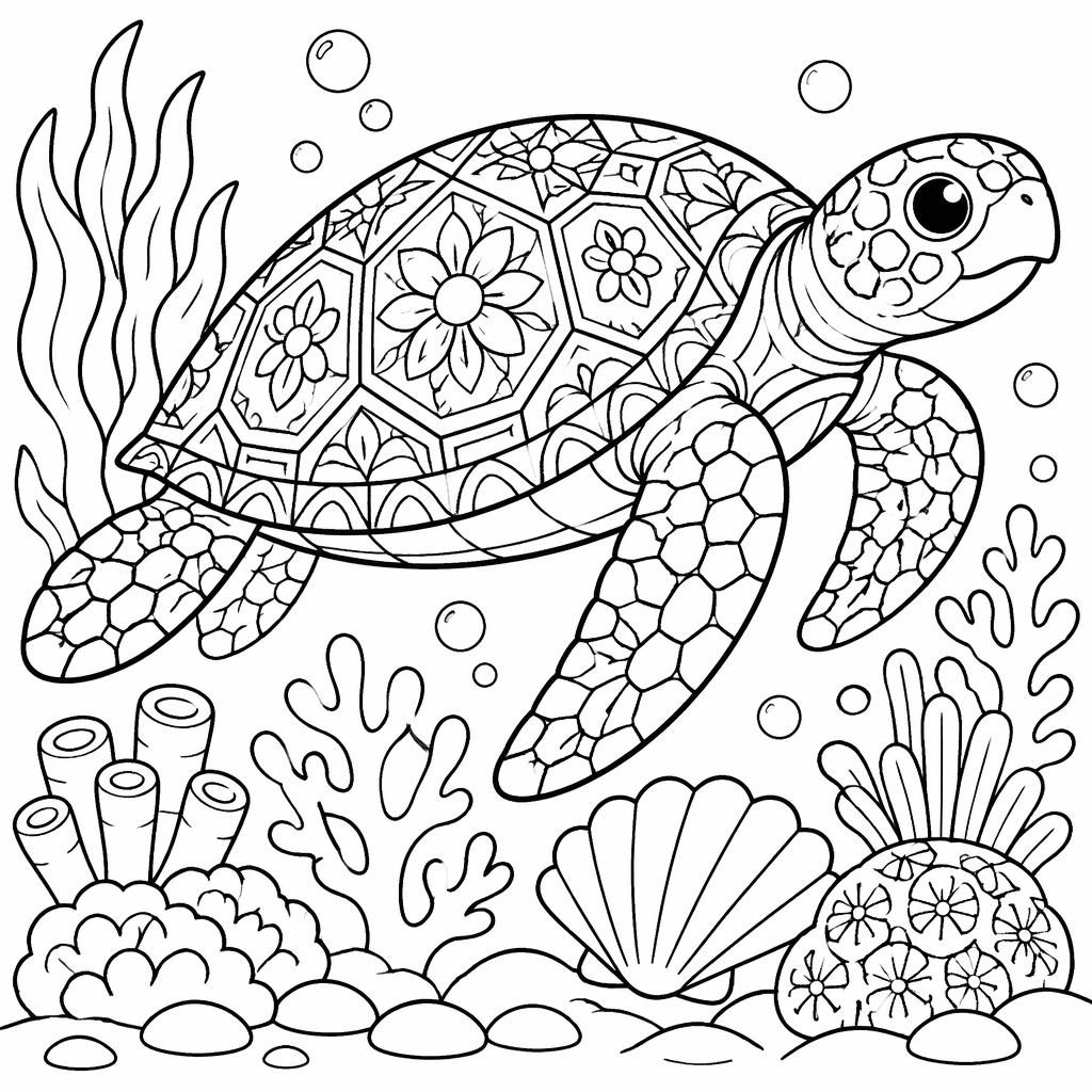 Illustration noir et blanc d’une tortue marine adulte sur un récif, style mandala, contours épais pour enfants.