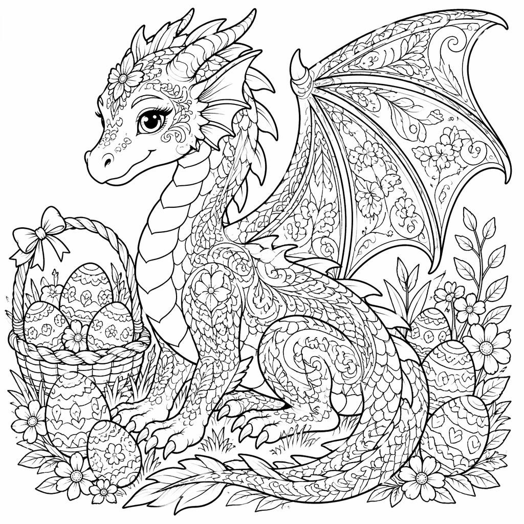 Illustration noir et blanc d’un dragon fantastique adulte, style cartoon mignon, avec détails complexes type mandala.