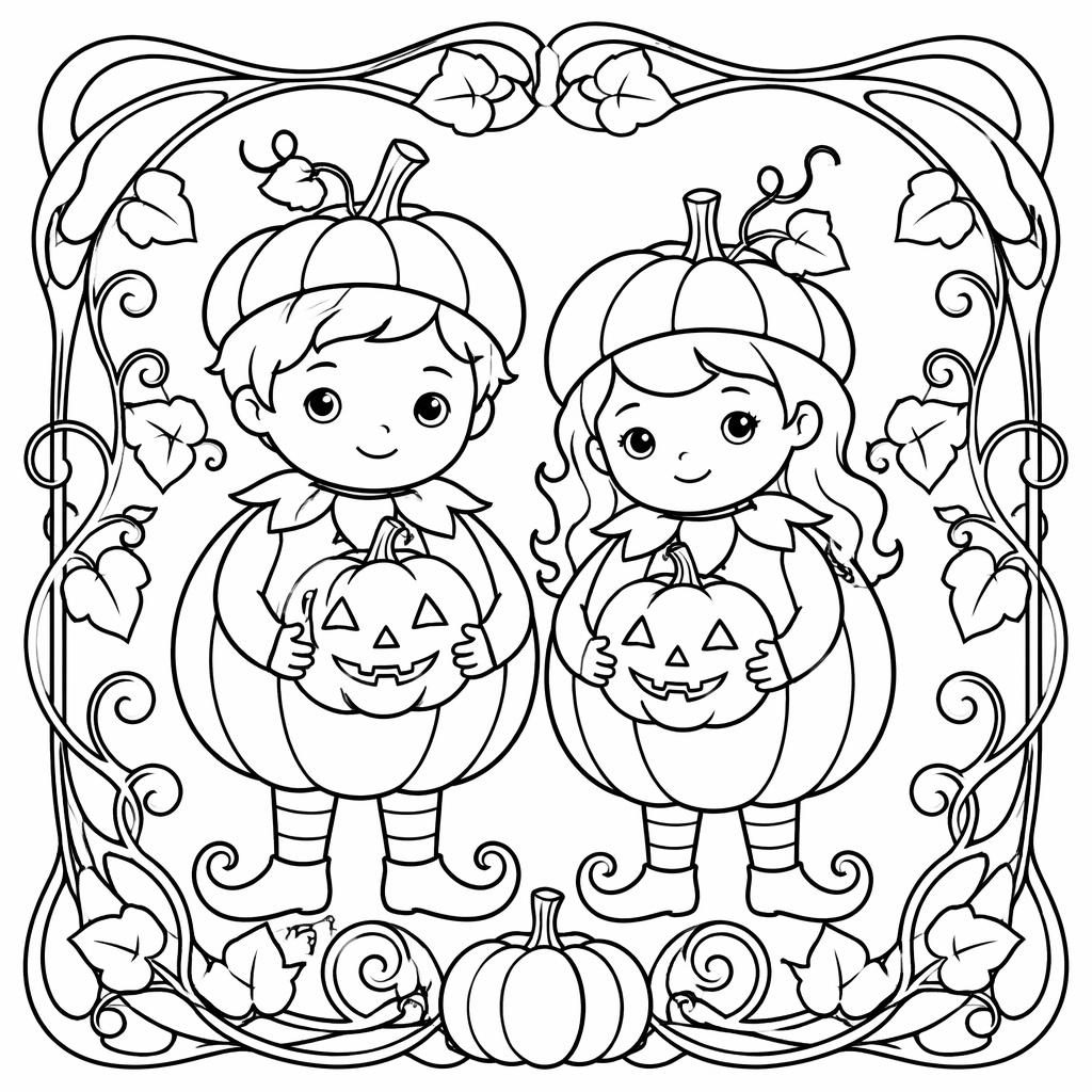 Illustration noir et blanc très simple de citrouilles d’Halloween pour enfants, style art nouveau, contours nets à colorier.