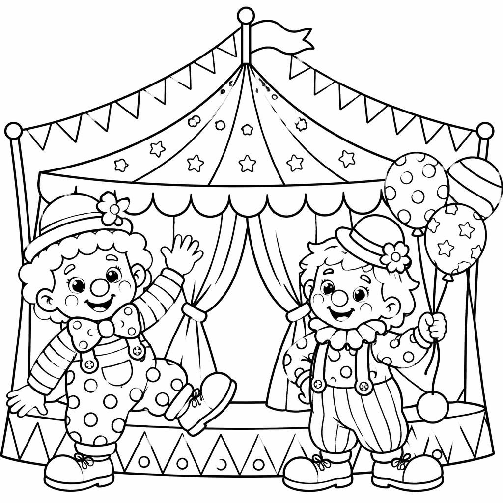 Ilustración para colorear en blanco y negro con carpa de circo, payasos niños y líneas gruesas estilo doodle.