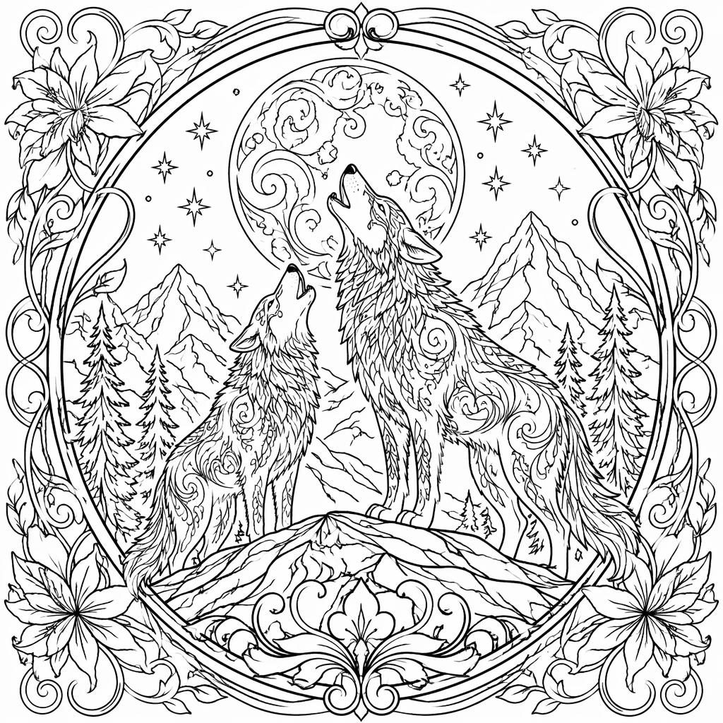Ilustración en blanco y negro de lobos adultos aullando a la luna, con detalles intrincados estilo art nouveau.