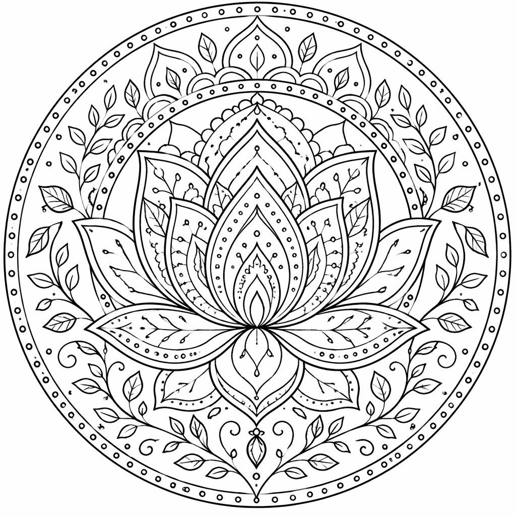 Illustration noir et blanc d’un mandala lotus adulte, aux contours géométriques nets sur fond blanc.