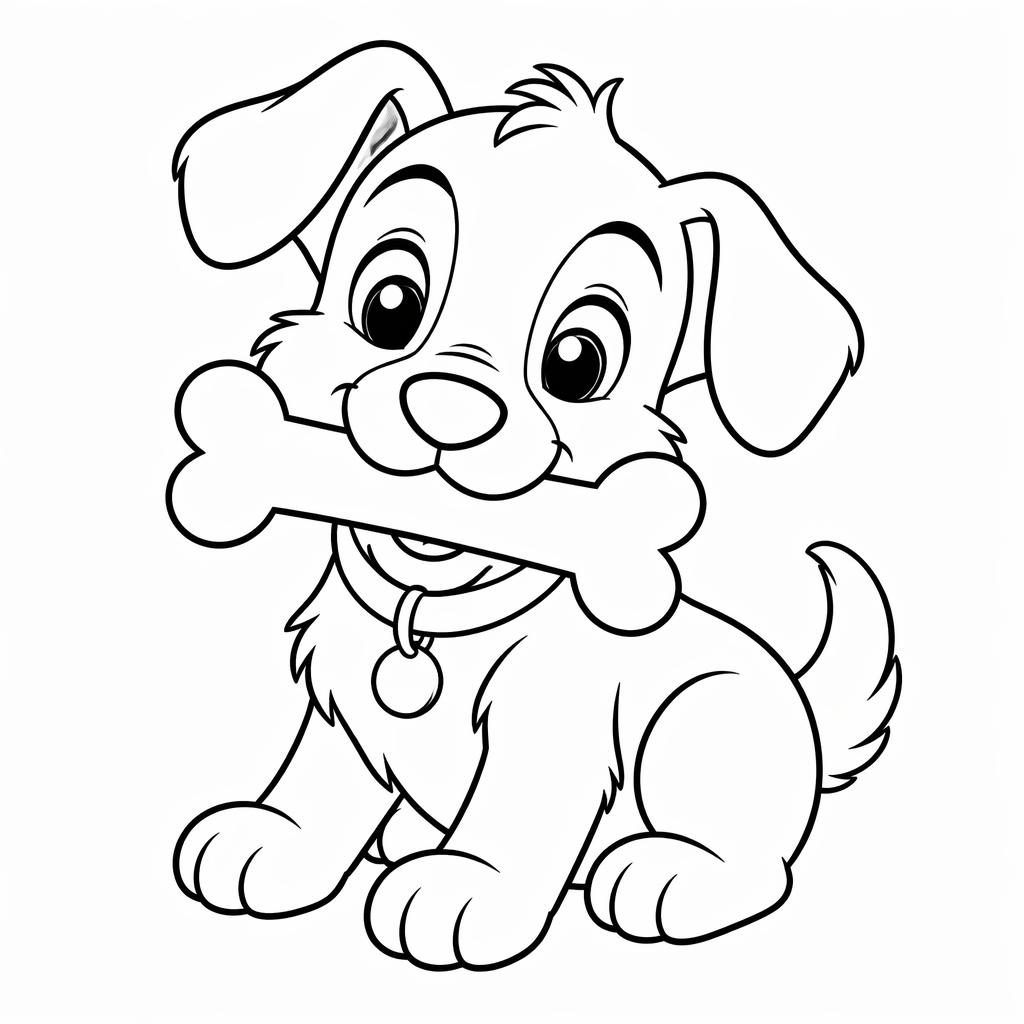 Ilustración para colorear en blanco y negro de un perro tierno con un hueso, estilo manga infantil y líneas limpias.