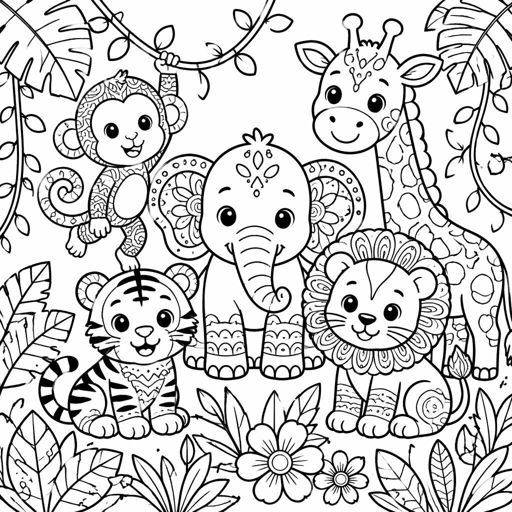 Ilustración para colorear en blanco y negro con animales de la selva para niños, estilo doodle simple y contornos limpios.