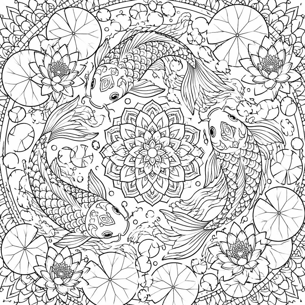 Black-and-white line art of a detailed koi pond in mandala style, with intricate closed shapes for coloring.