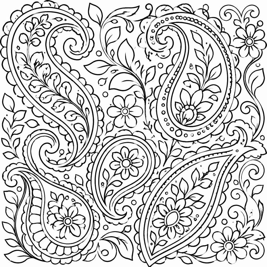 Illustration à colorier en noir et blanc avec motifs paisley complexes, contours nets et formes fermées.