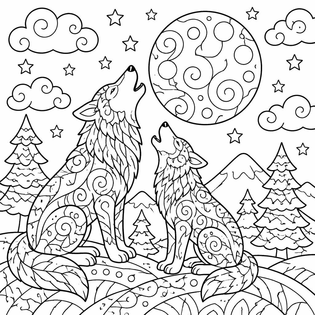 Černobílá omalovánka se dvěma dospělými vlky vyjícími na měsíc v jednoduchém doodle stylu.