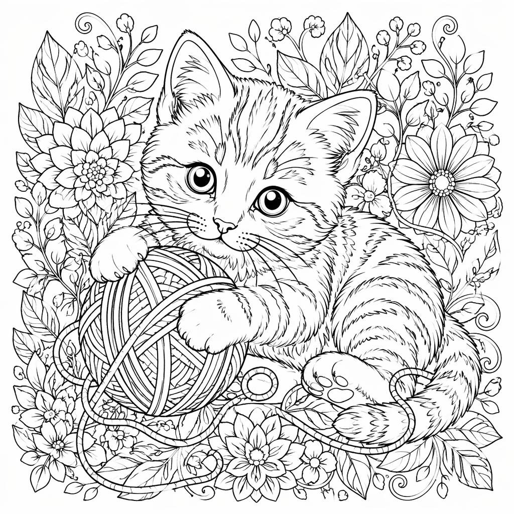 Black-and-white coloring page of a kitten playing with yarn, framed by intricate botanical mandala-style details.