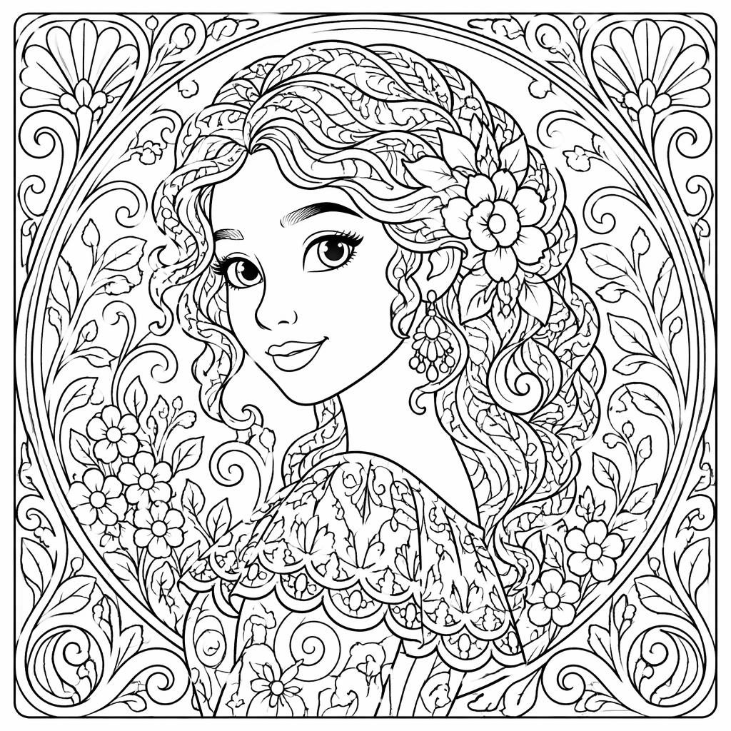 Schwarz-weißes Jugendstil-Frauenporträt als detailreiche Ausmalseite im Zentangle-Stil mit klaren Konturen