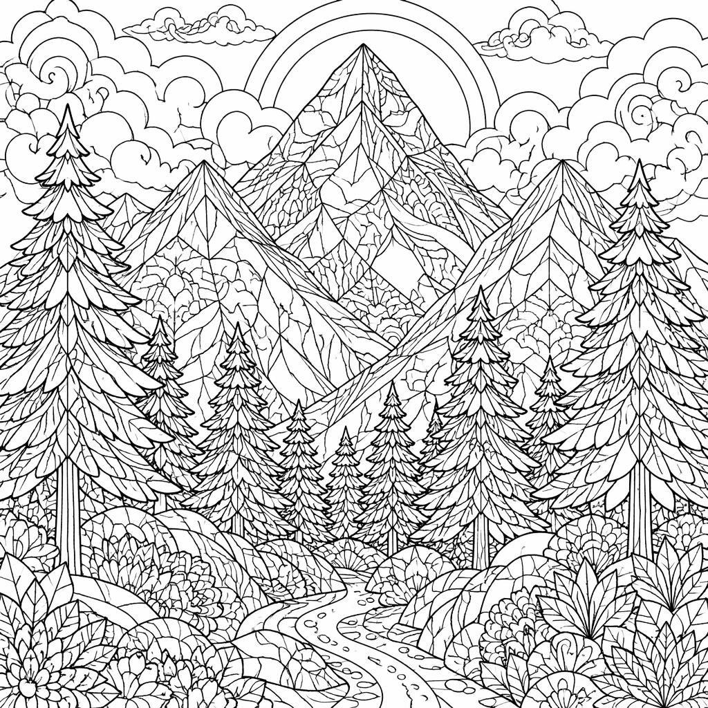 Illustration noir et blanc style manga avec montagnes, sapins et motifs détaillés à colorier sur fond blanc.
