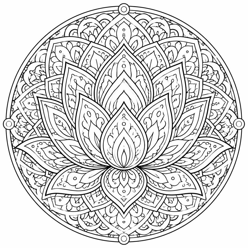 Black-and-white mandala lotus adult coloring page with intricate geometric petals and clean printable line art.
