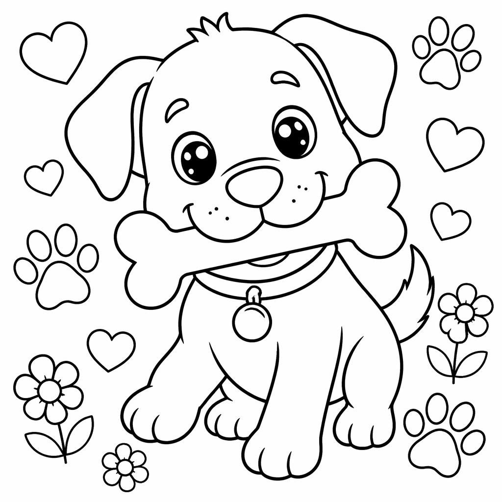 Black-and-white coloring page of a cute cartoon dog with a bone in clean printable line art for kids.