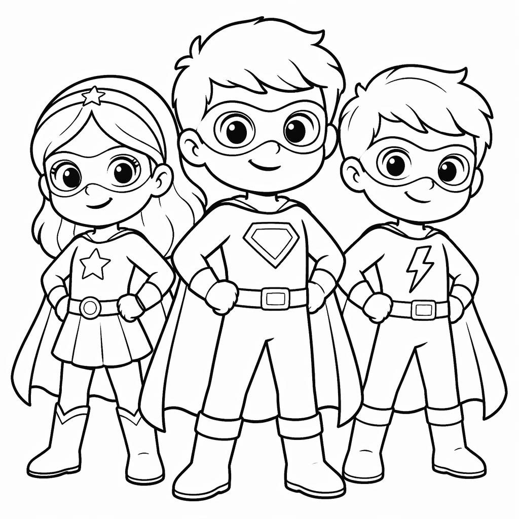 Schwarz-weiße Ausmalvorlage mit Superhelden-Cartoonkindern, klare dicke Umrisse, weißer Hintergrund.