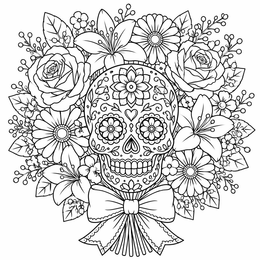 Ilustración en blanco y negro de un ramo de flores detallado, estilo tierno, con contornos limpios para colorear.