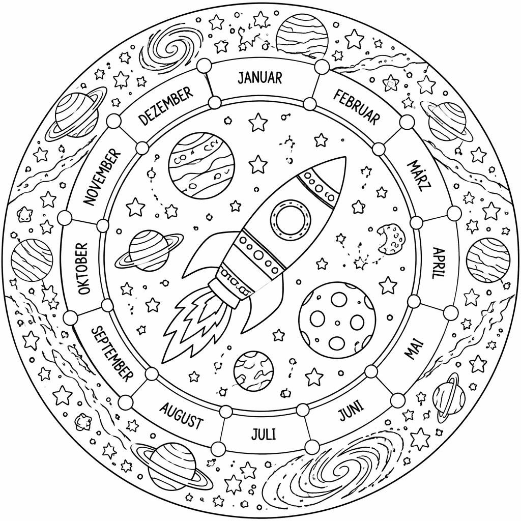 Schwarz-weiße Ausmalseite mit Rakete, Planeten und Sternen im detailreichen Zentangle-Line-Art-Stil.
