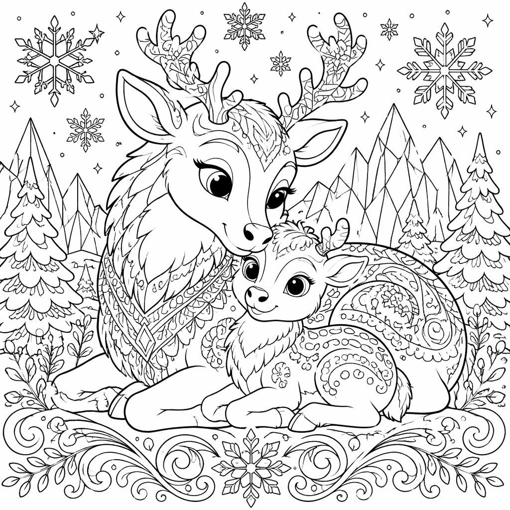 Schwarz-weiße Ausmalbild-Illustration mit süßen Tiermüttern und Tierbabys im detailreichen Mandala-Cartoonstil.