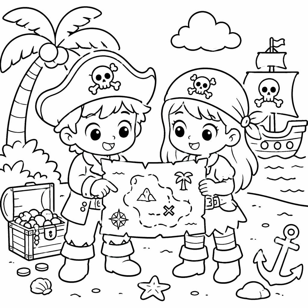 Black-and-white coloring page of two kid-friendly pirates holding a treasure map in simple manga-style line art.