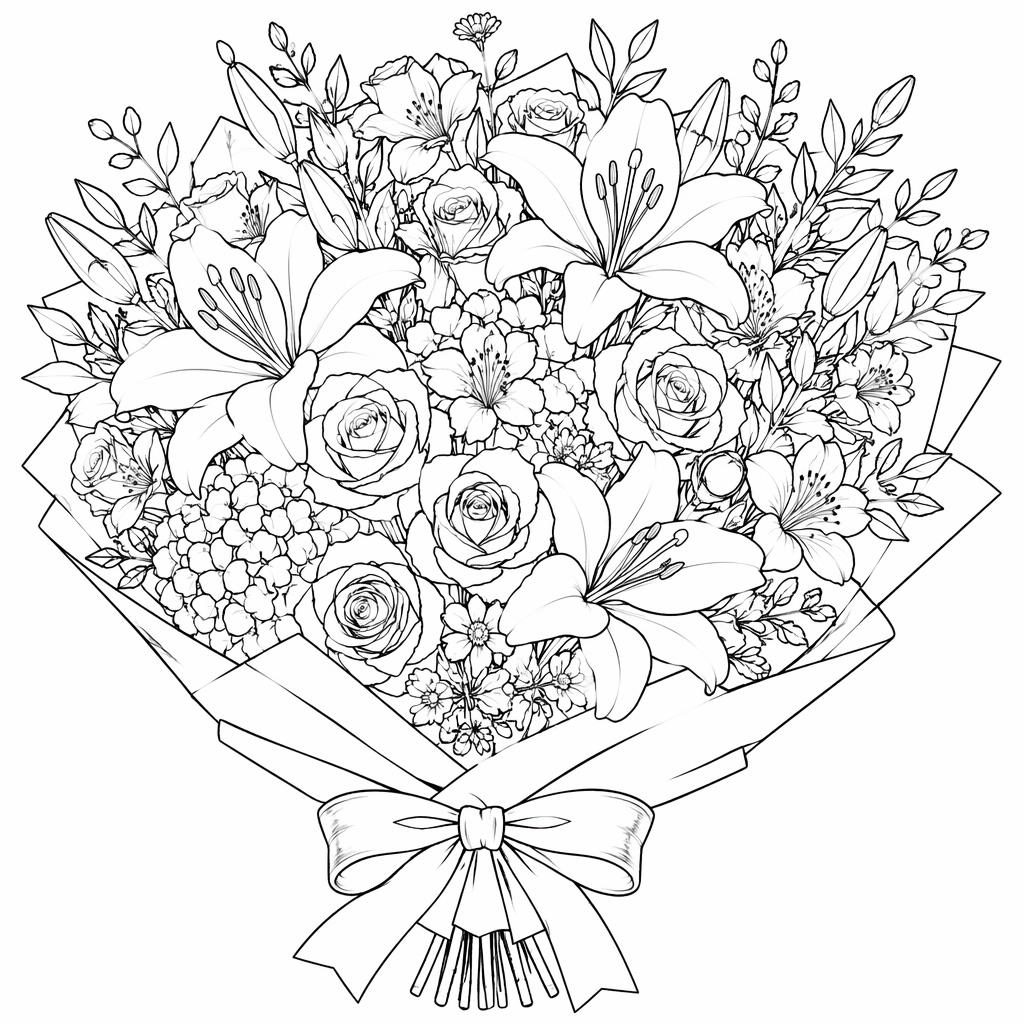 Schwarz-weiße Ausmalvorlage mit einfachem Blumenstrauß, klaren Konturen und weißen Hintergrund.