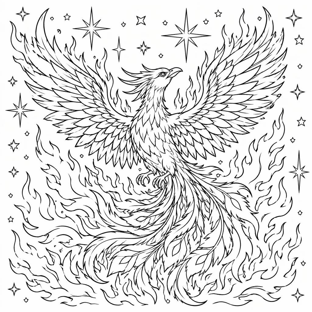 Black-and-white line art of an adult phoenix with flowing flames and star-inspired details for coloring.