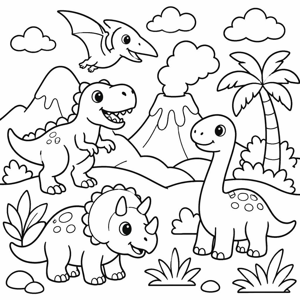 Schwarz-weiße Malvorlage mit niedlichen Dinosauriern in einfachen Szenen, klare dicke Konturen, kinderfreundlich