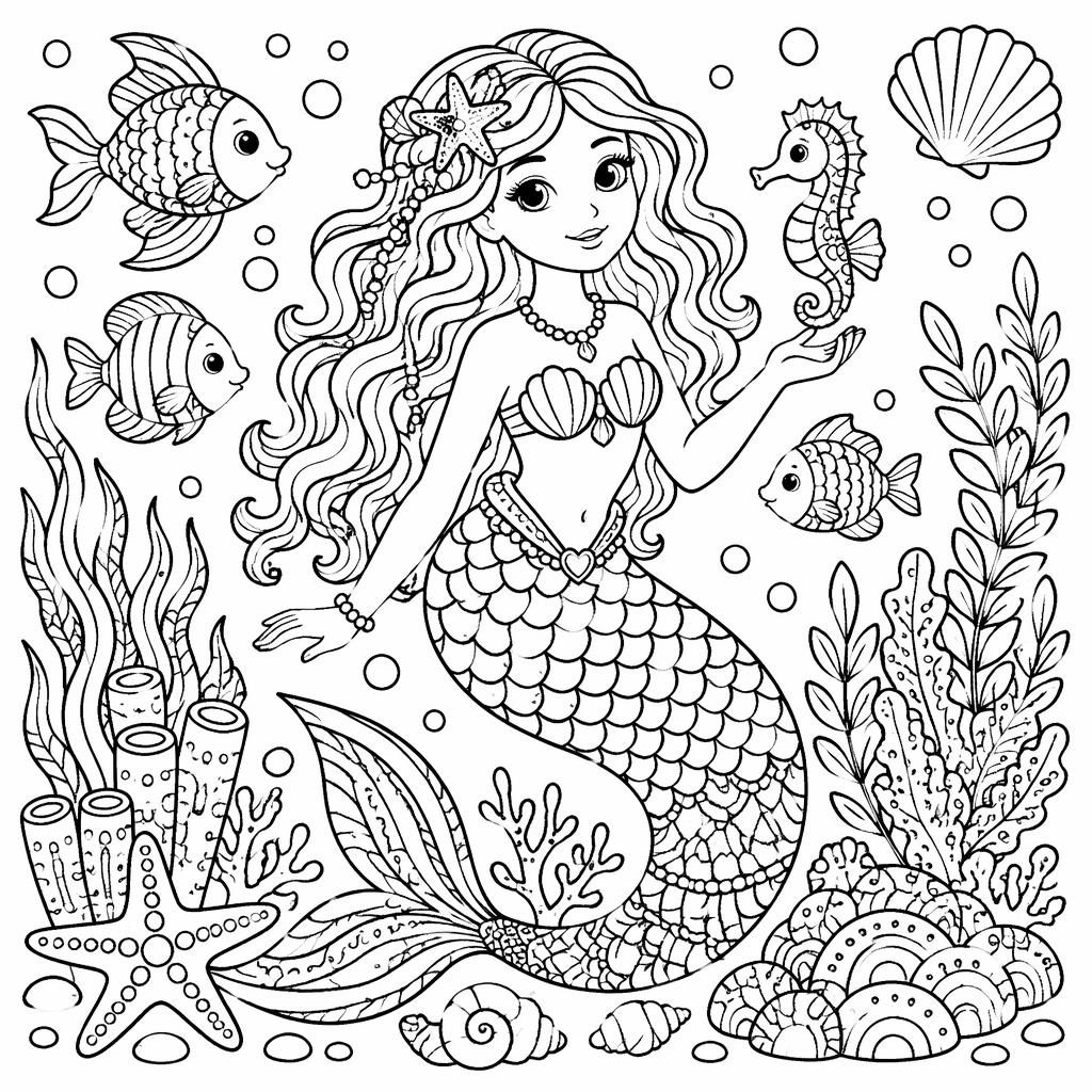 Schwarz-weiße Ausmalbild-Illustration mit Meerjungfrau unter Wasser, Fischen und Meerespflanzen im Doodle-Stil