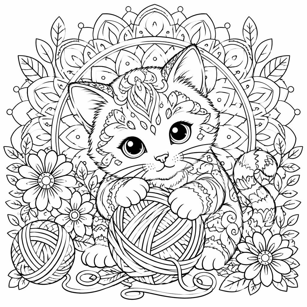 Illustration noir et blanc d’un chaton avec une pelote, style mandala géométrique, contours nets à colorier.