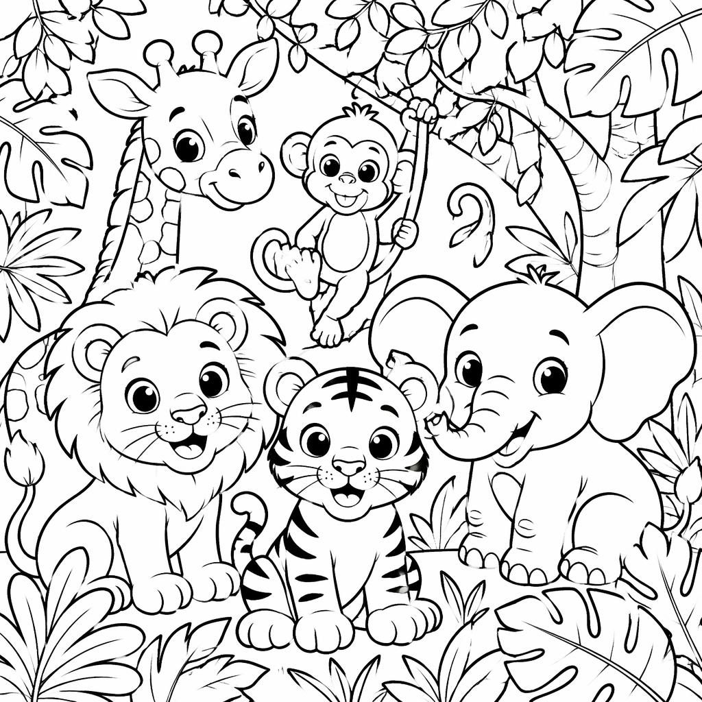 Illustration noir et blanc à colorier avec des animaux de la jungle pour enfants, contours nets et style botanique