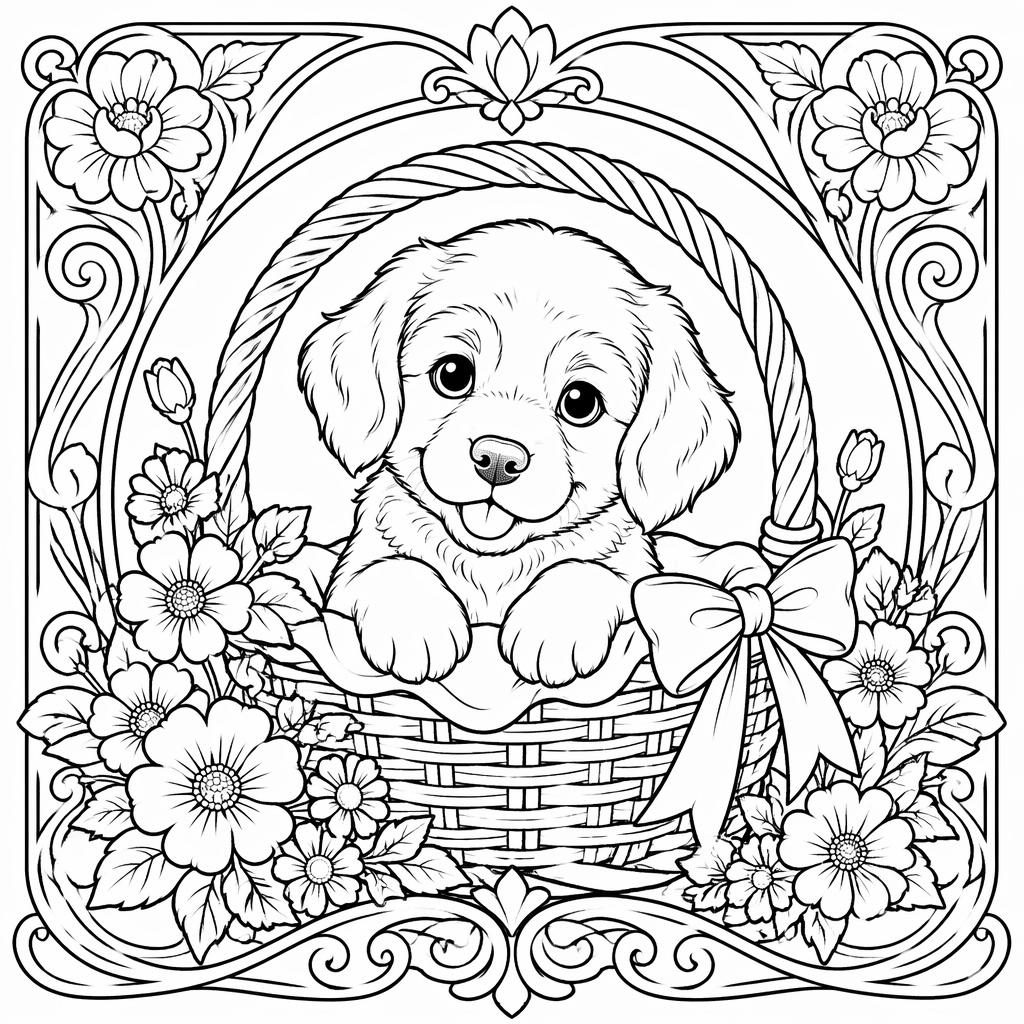 Ilustración para colorear en blanco y negro de un cachorrito en una canasta con detalles art nouveau para niños.