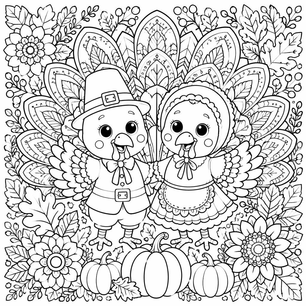 Ilustración en blanco y negro de un pavo de Acción de Gracias con niños, detalles botánicos y estilo mandala.