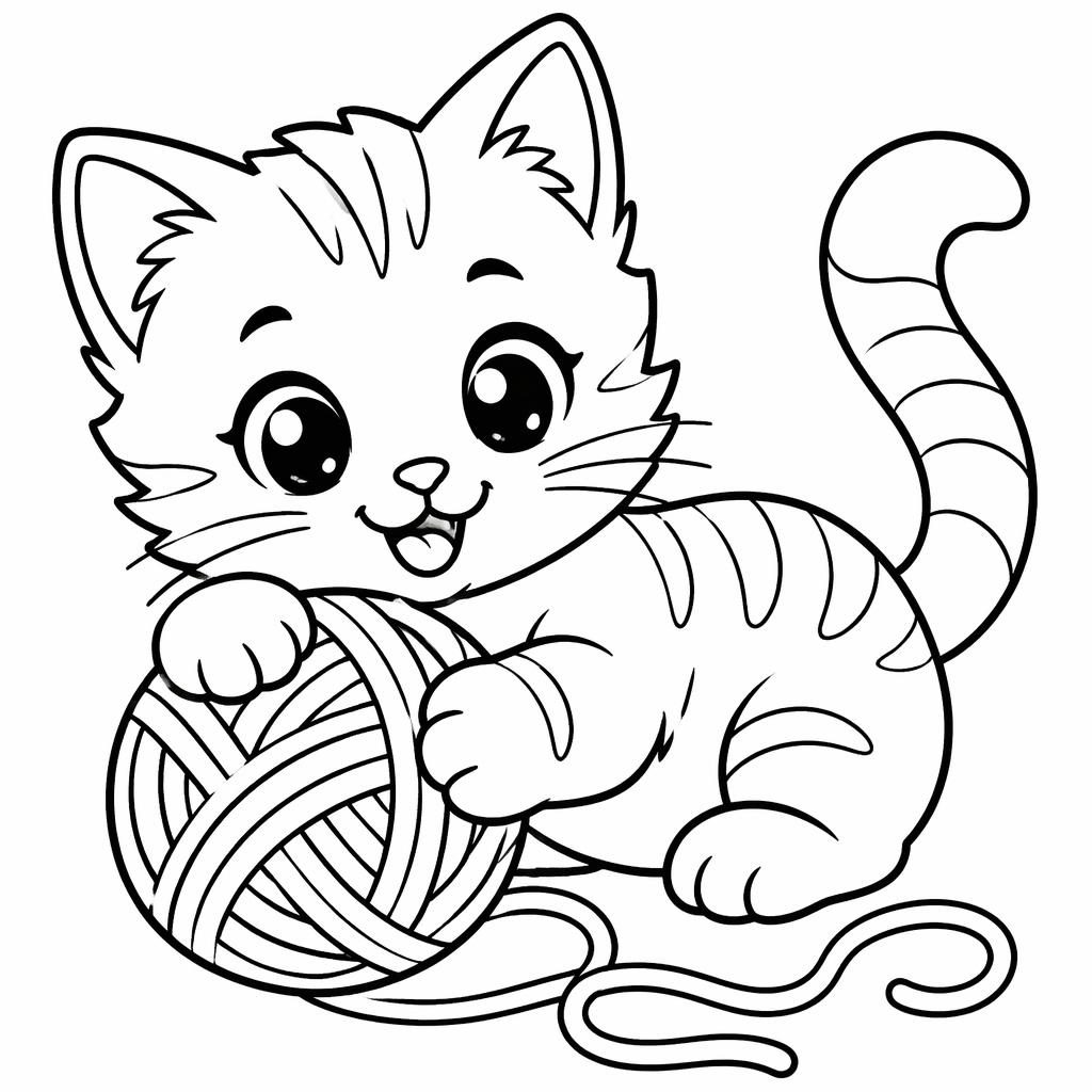 Ilustración en blanco y negro de un gatito jugando con ovillos, estilo manga, líneas gruesas para colorear.