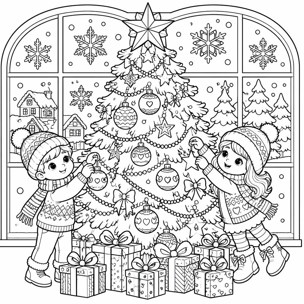 Schwarz-weiße Ausmalvorlage mit Weihnachtsbaum, Geschenken und Kindern im niedlichen Cartoon-Stil