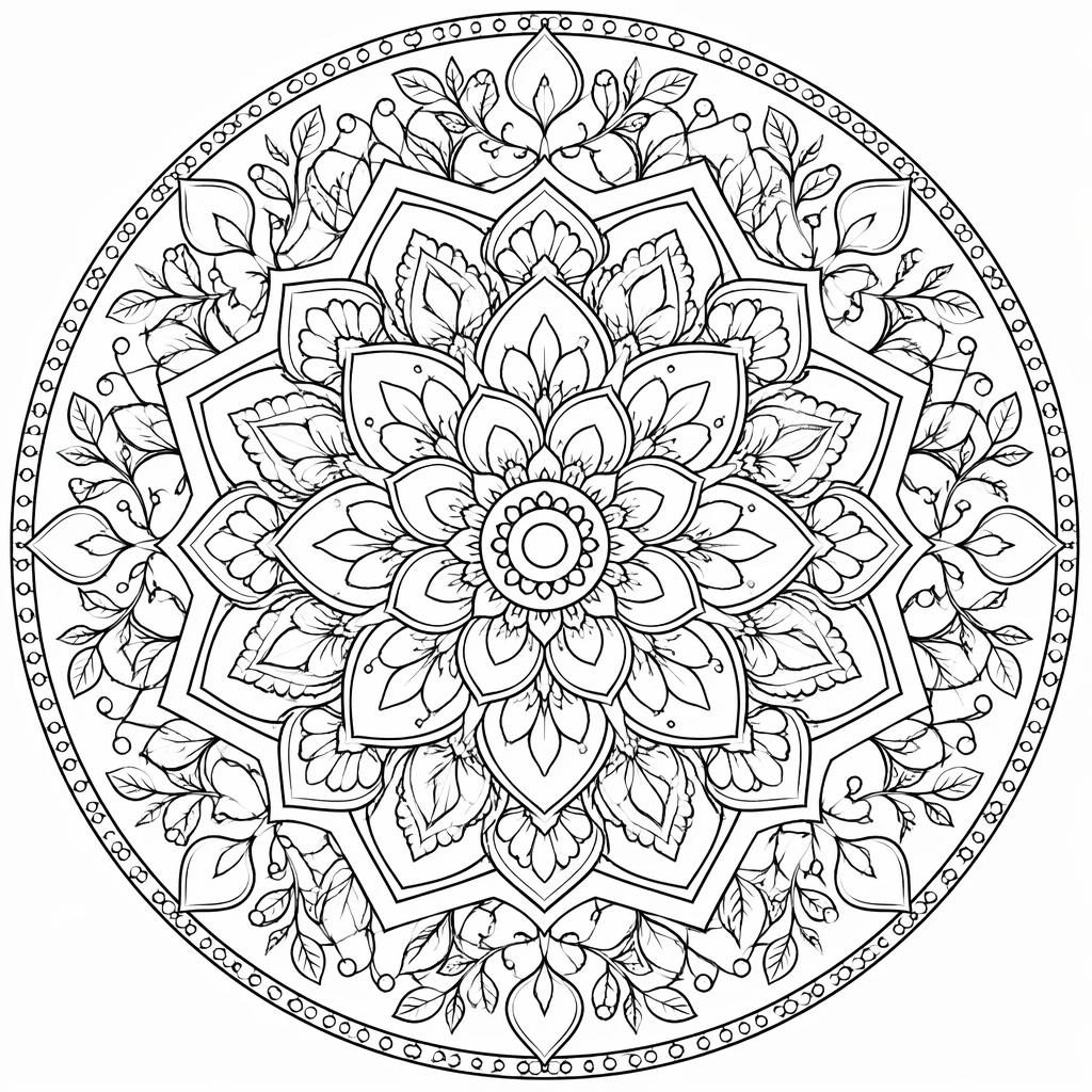 Schwarz-weiße Mandala-Lineart für Erwachsene mit geometrischen und botanischen Details auf weißem Hintergrund.