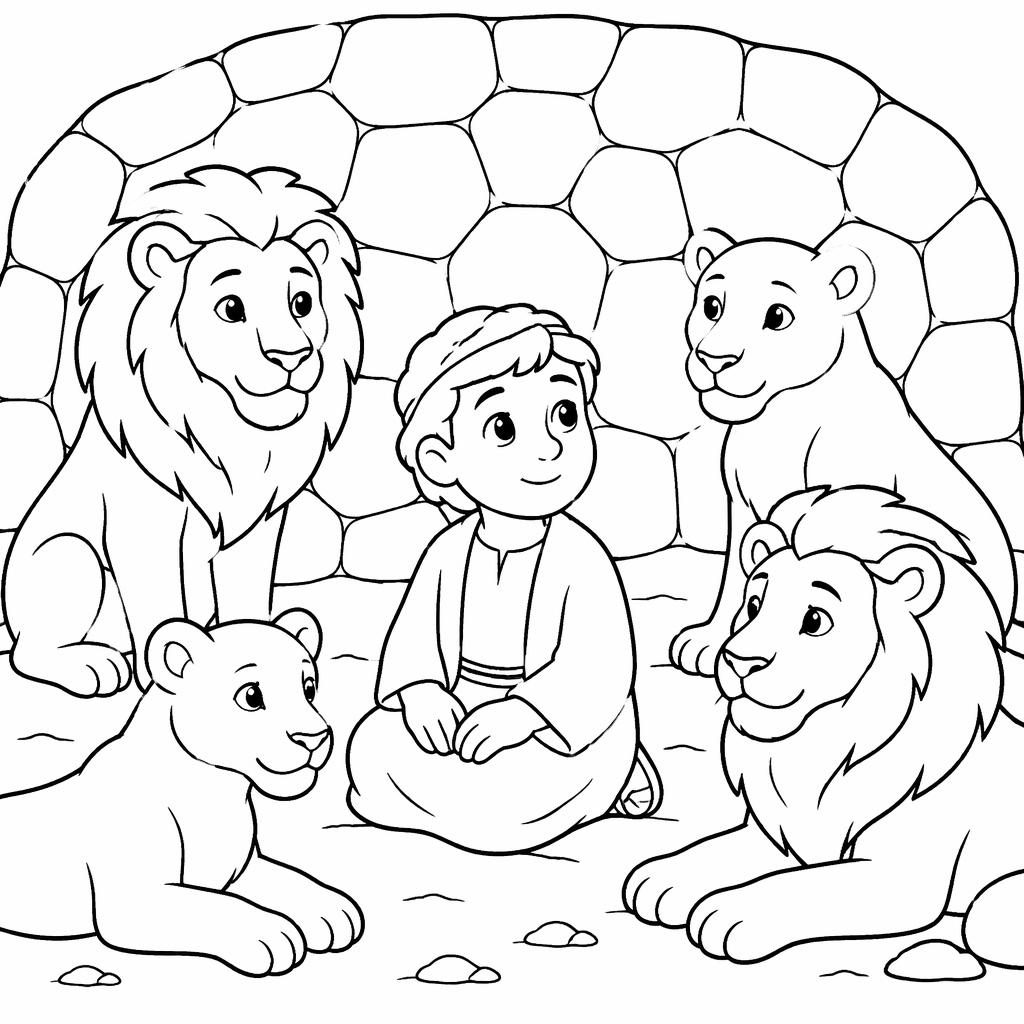 Black-and-white coloring page with a simple Christmas tree, wrapped presents, and kids in clean bold outlines.