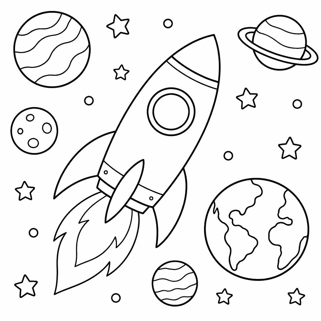 Black-and-white coloring page with a simple space rocket and planets for kids, in clean outlined line art.