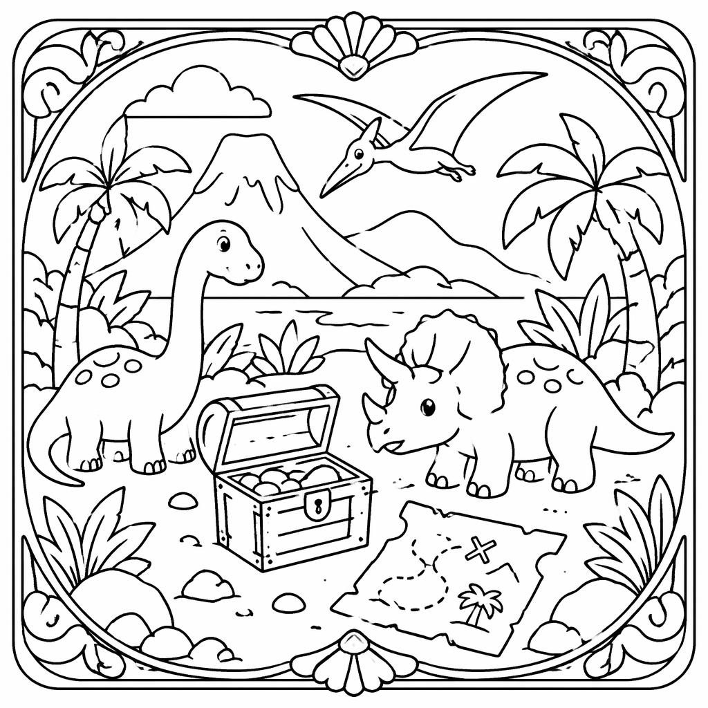 Schwarz-weiße Ausmalseite mit einfachen Dinosaurier-Szenen für Kinder, klare Konturen, weißer Hintergrund.